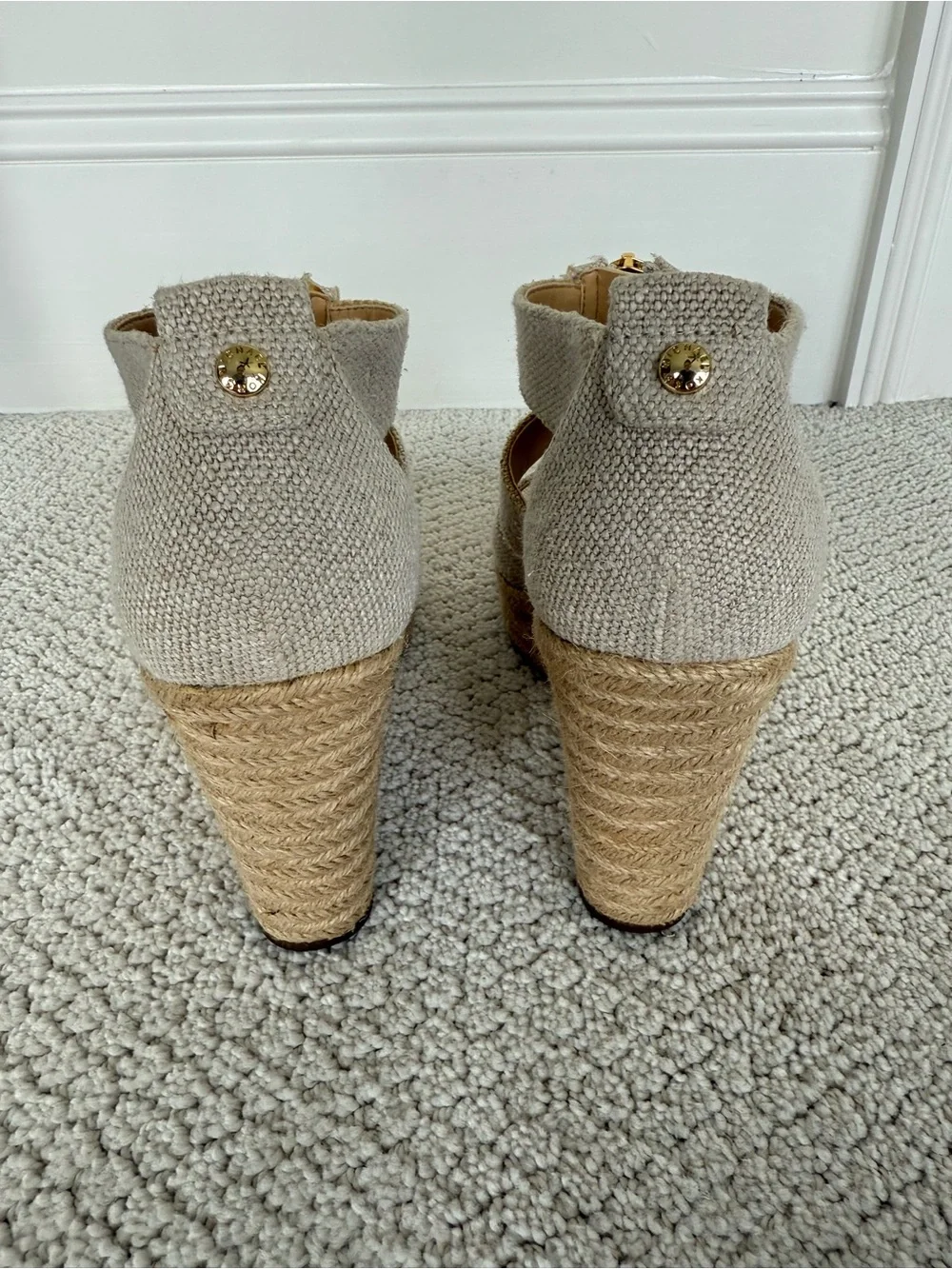 MICHAEL Michael Kors Beige Espadrille Wedge Sandals with Gold Zipper